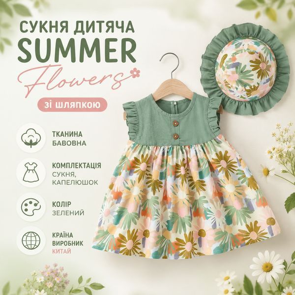 Платье детское с шляпкой Summer Flowers, 100см, Зеленый фото