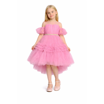 Нарядное платье для девочки пышное асимметричное из фатина, розовый 122 см  фото