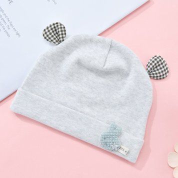 Шапка дитяча з вушками в клітинку (Сіра 30-35 см) фото