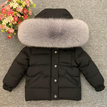 Пуховик зимовий зі сірим хутром (Чорний 120см) фото