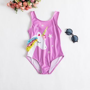 Купальник сдельный для девочек с единорожкой Unicorn, Сиреневый, 110 см фото