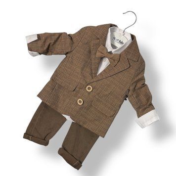 Дитячий святковий костюм джентльмен з метеликом Murat Baby – комплект для хлопчика (піджак, сорочка, штани, метелик), Темно бежевий, 9м, 73см фото