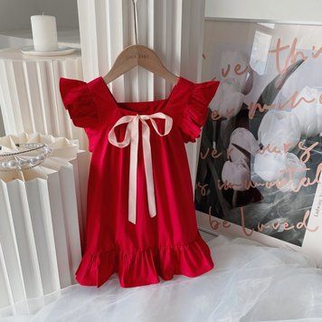 Платье детское однотонное с бантом свободного кроя, Красный, 110 см фото