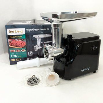 Електрична м'ясорубка Rainberg RB-677 2600W з насадкою для ковбас, м'ясорубка з металевим редуктором фото
