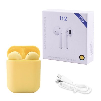 Бездротові навушники bluetooth-навушники i12 5.0 з кейсом. Колір жовтий фото
