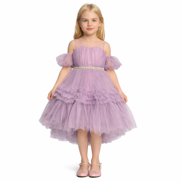 Нарядное платье для девочки пышное асимметричное из фатина, фиолетовое,  122 см  фото