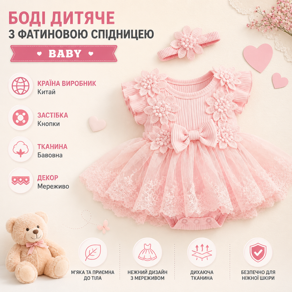 Боді дитяче з фатиновою спідницею Baby 90 см Рожевий фото