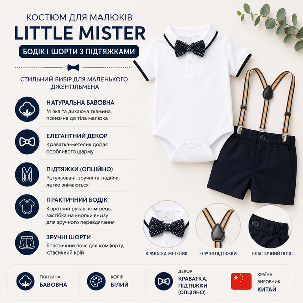 Костюм для малышей бодик и шорты Little Mister с подтяжками (Белый 90см) фото
