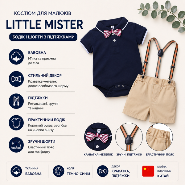 Костюм для малышей бодик и шорты Little Mister с подтяжками (Темно-синий 80см) фото