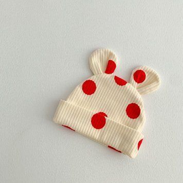 Шапка детская в горошек с ушками Baby (Красно-белый 30-35 см) фото
