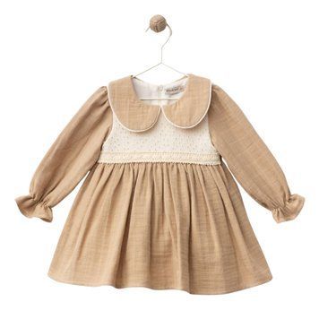 Дитяча святкова сукня із мусліну з коміром, довгими рукавами, прикрашена вʼязкою, Wondress Baby, Капучино, 92 см фото