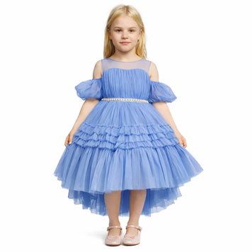 Нарядное платье для девочки пышное асимметричное из фатина, голубое,  116см  фото