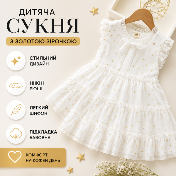 Платье детское с рюшами в золотую звездочку (Белый 130см) фото