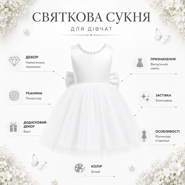 Платье детское с большим бантом и фатиновой юбкой (Белый 90 см, 18-24 мес) фото