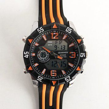 Часы наручные QUAMER, dual time, ремешок каучук. Цвет: оранжевый фото