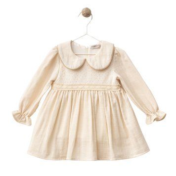 Дитяча святкова сукня із мусліну з коміром, довгими рукавами, прикрашена вʼязкою, Wondress Baby, Кремовий, 73 см фото