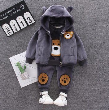 Спортивный костюм-тройка для мальчика (жилетка с капюшоном + кофта + штаны) - костюм Мишка, Серый, 18-24 месяца, (95 см) фото