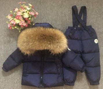 Детский зимний комплект (куртка + полукомбинезон) с светлым мехом (Темно-синий 115см) фото