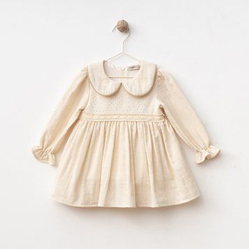 Дитяча святкова сукня із мусліну з коміром, довгими рукавами, прикрашена вʼязкою, Wondress Baby, Кремовий, 80 см фото
