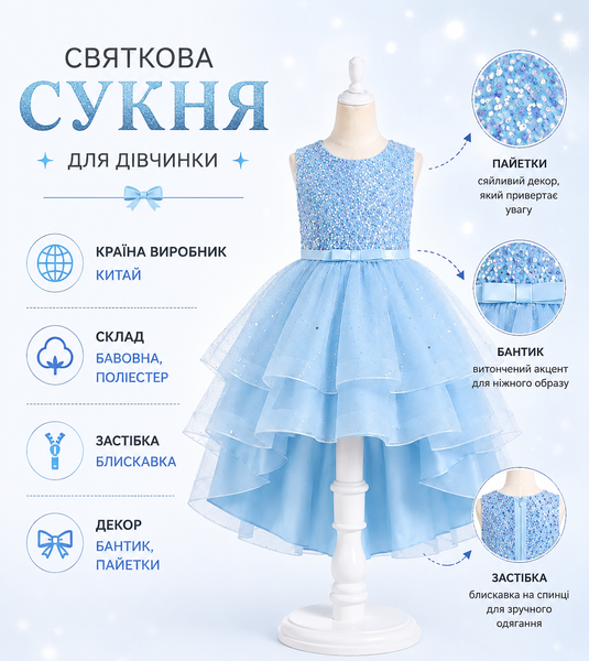 Святкова сукня для дівчинки з завишеною талією прикрашена паєтками, Блакитний, 140 см фото