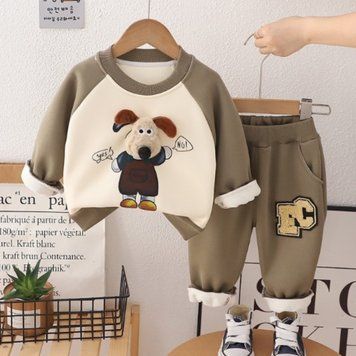 Дитячий костюм із песиком – кофта та штани на флісі (Хакі, 100 см) фото