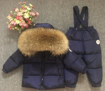 Детский зимний комплект (куртка + полукомбинезон) с светлым мехом (Темно-синий 125см) фото