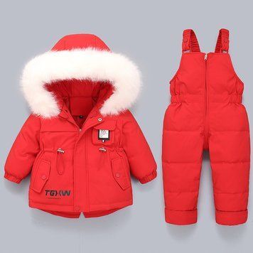 Детский зимний комплект 2в1, куртка с белым меховым капюшоном и полукомбинезон TGXW (Красный 90см) фото