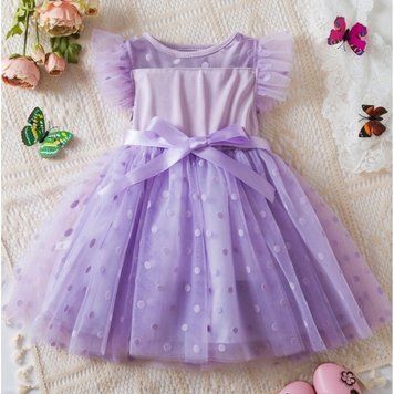 Платье для девочки с фатиновой юбкой и плечиками, принт горошек (Фиолетовый, 120 см) 4 года фото