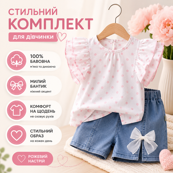 Костюм дитячий футболка та джинсові шорти, Рожевий, 90 см фото