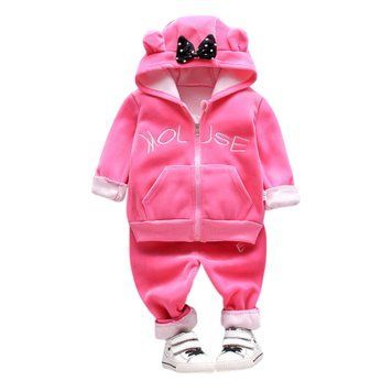 Утеплений дитячий костюм Мінні Маус для дівчинки (кофта з капюшоном та штани на резинці), Рожевий, 80 см фото