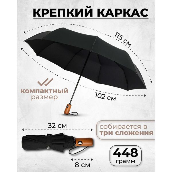 Зонтик премиум качества - Автоматический, мужской укреплённый зонт с деревянной ручкой фото