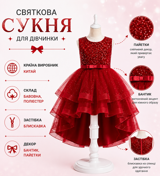 Праздничное платье для девочки с завышенной талией, украшенное пайетками, Бордовый, 150 см фото