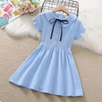 Летнее хопковое платье с коротким рукавом с бантиком, Голубой, 140 см фото