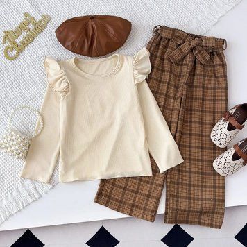 Дитячий комплект для дівчат Bear Leader, бежева кофта з довгими рукавами і коричневі клетчаті брюки (96 см, 3 роки) фото