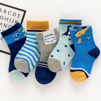 Набор носков детских разноцветных с динозаврами 5 пар (Синий 4-6 лет) фото