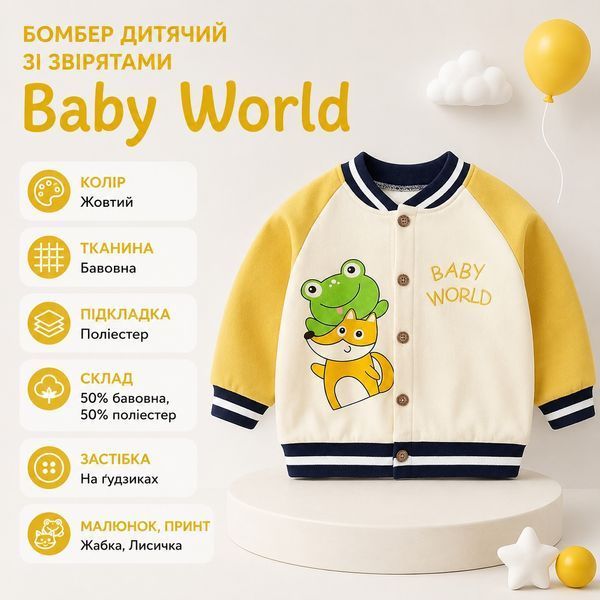 Бомбер дитячий зі звірятами Baby World, 100см, Жовтий фото