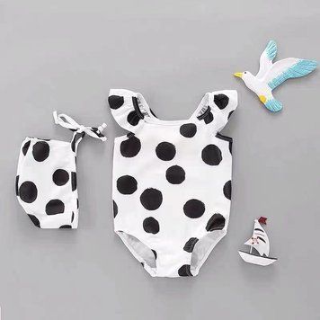 Дитячий купальник закритий у горошок з капелюшком (Чорно-білий 80см) фото