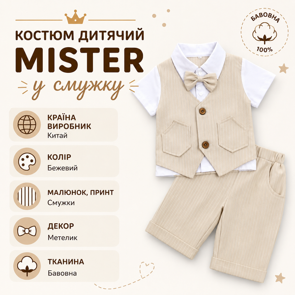 Костюм дитячий Mister у смужку, 100см, Бежевий фото