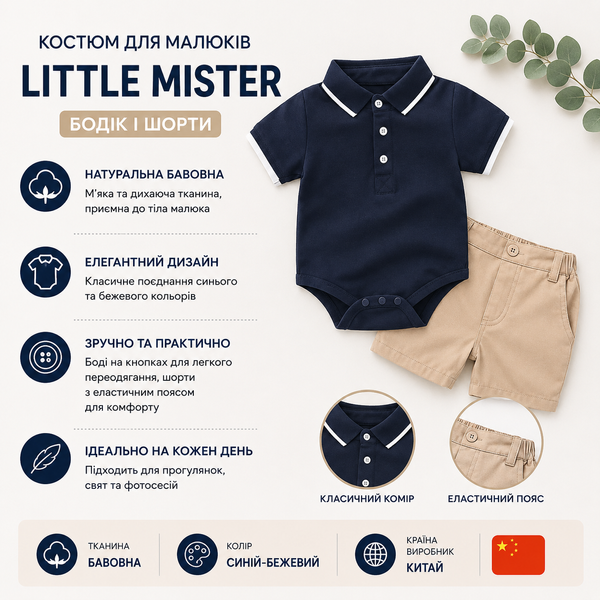 Костюм для малышей бодик и шорты Little Mister без подтяжками (Синий-Бежевый 65-73 см) фото