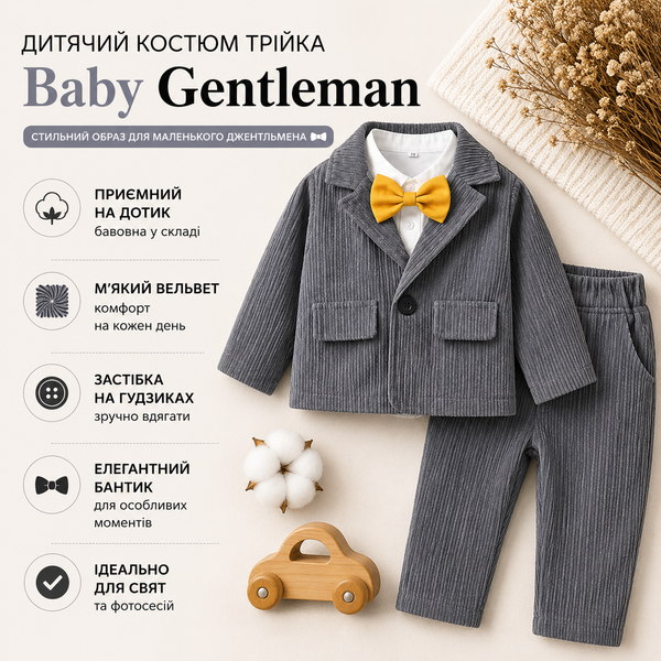 Костюм детский тройка вельветовый Baby Gentleman, 80см, Серый фото