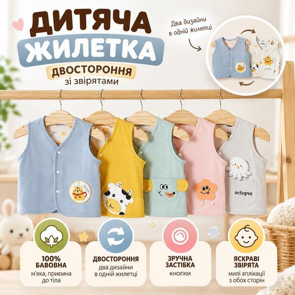 Жилетка дитяча двостороння зі звірятами (Жовтий 73см) фото