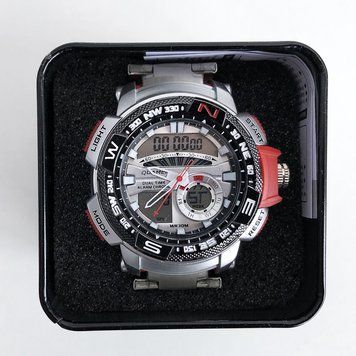 Часы наручные QUAMER в коробке, браслет карбон, dual time, waterproof с красными вставками фото