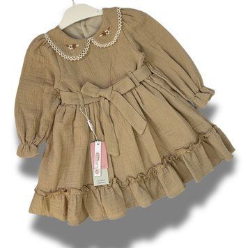 Муслінова сукня для дівчинки з довгим рукавом і вишитим комірцем, прикрашена поясом на талії, Бежевий, 98 см фото