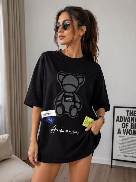 Жіноча футболка oversize з нашивкою ведмедик, M-L Чорний фото