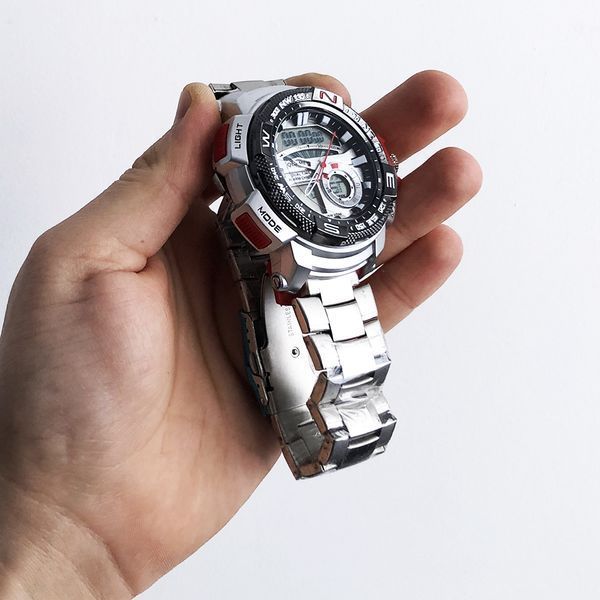 Часы наручные QUAMER в коробке, браслет карбон, dual time, waterproof с красными вставками фото