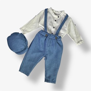Дитячий комплект джентльмен, сорочка, штани з підтяжками та шапочка (блакитний 86 см) фото