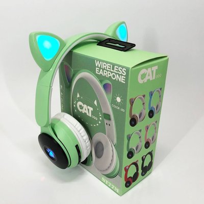 Бездротові навушники ST77 LED з котячими вушками, що світяться. Колір: зелений фото
