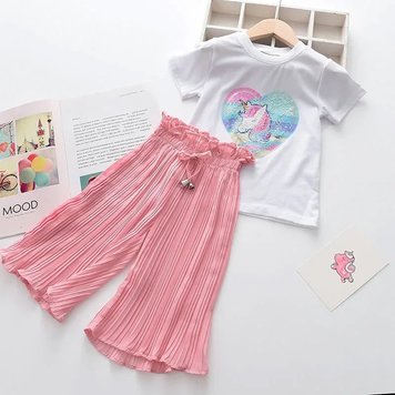 Дитячий костюм, для дівчаток Bear Leader, футболка короткий рукав + довгі вільні штани з оборками, літній комплект (рожевий, 3 роки, 96-100 см) фото