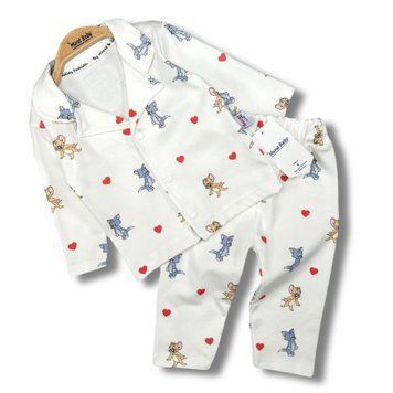 Дитяча піжама з принтом Том та Джеррі – піжамний комплект для малюків Murat Baby (кофта на кнопках + штани) Білий, 80 см, 12 місяців фото