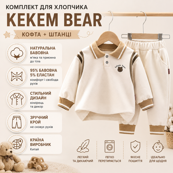 Комплект для хлопчика кофта і штанці Kekem bear, Бежевий, 90 см фото
